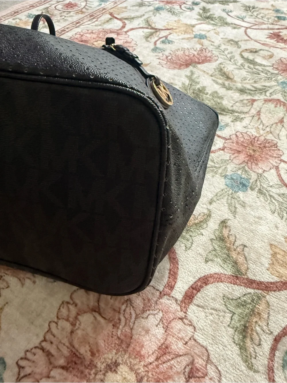 Michael Kors Black Perforated Tote with Gold Logo Charm